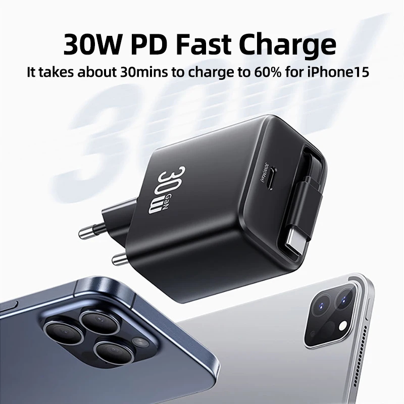 USAMS USB C Charger 30W with Retractable Cable Type C PD Fast Phone Charger for iPhone 15 Pro Max Xiaomi Samsung