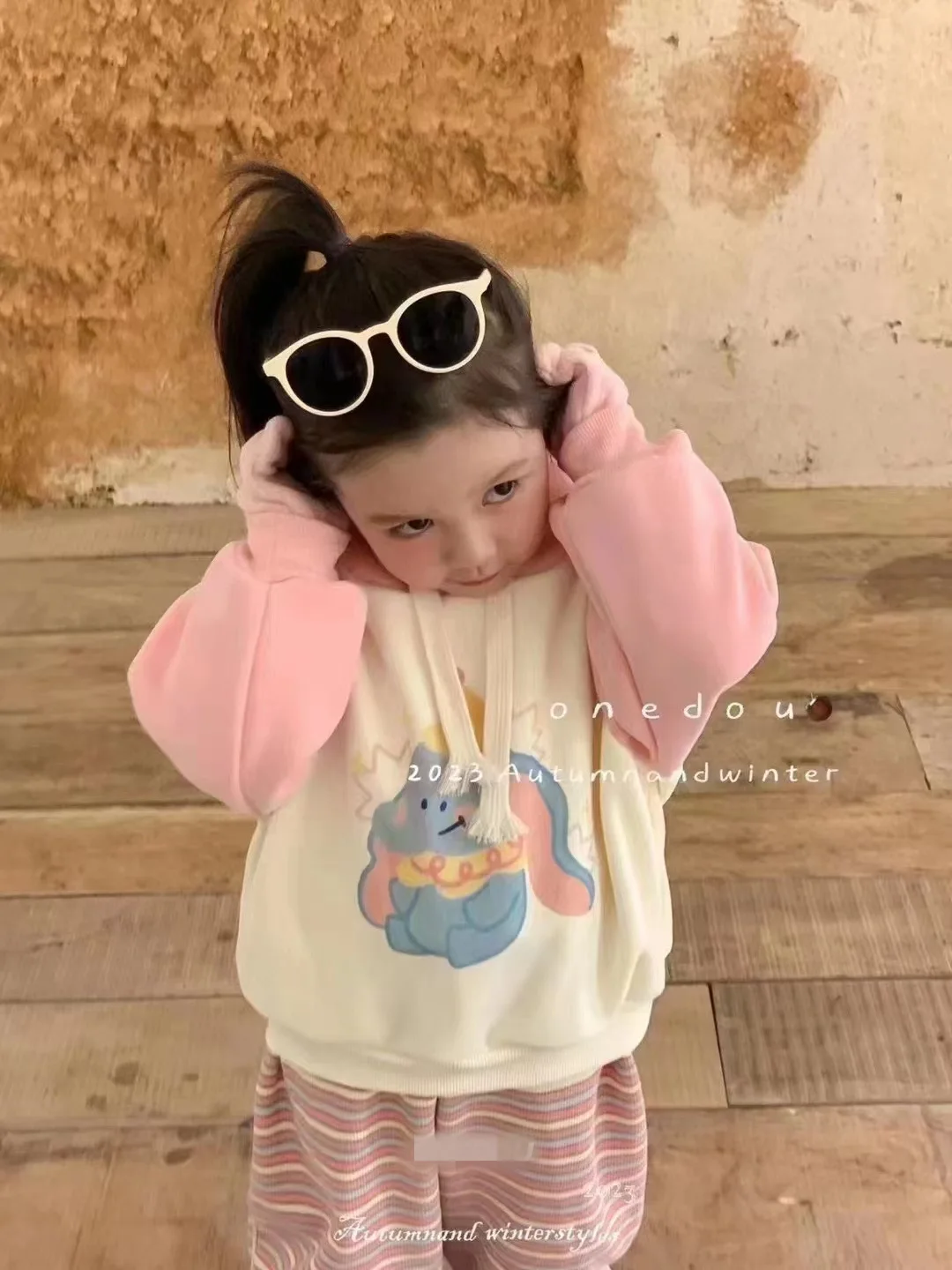 Girls Suit 2024 Winter New Childrens Wear Korean Style Baby Girl Dumbo Printed Hoodie Color Pants Two-piece Casual Simple Daily