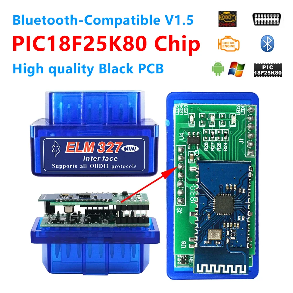 Latest ELM327 Dual Board PIC25K80 Chip 3000+ Universal Code Reader OBD2 elm327 V1.5 mini Bluetooth 5.1 Car Trouble Shooter