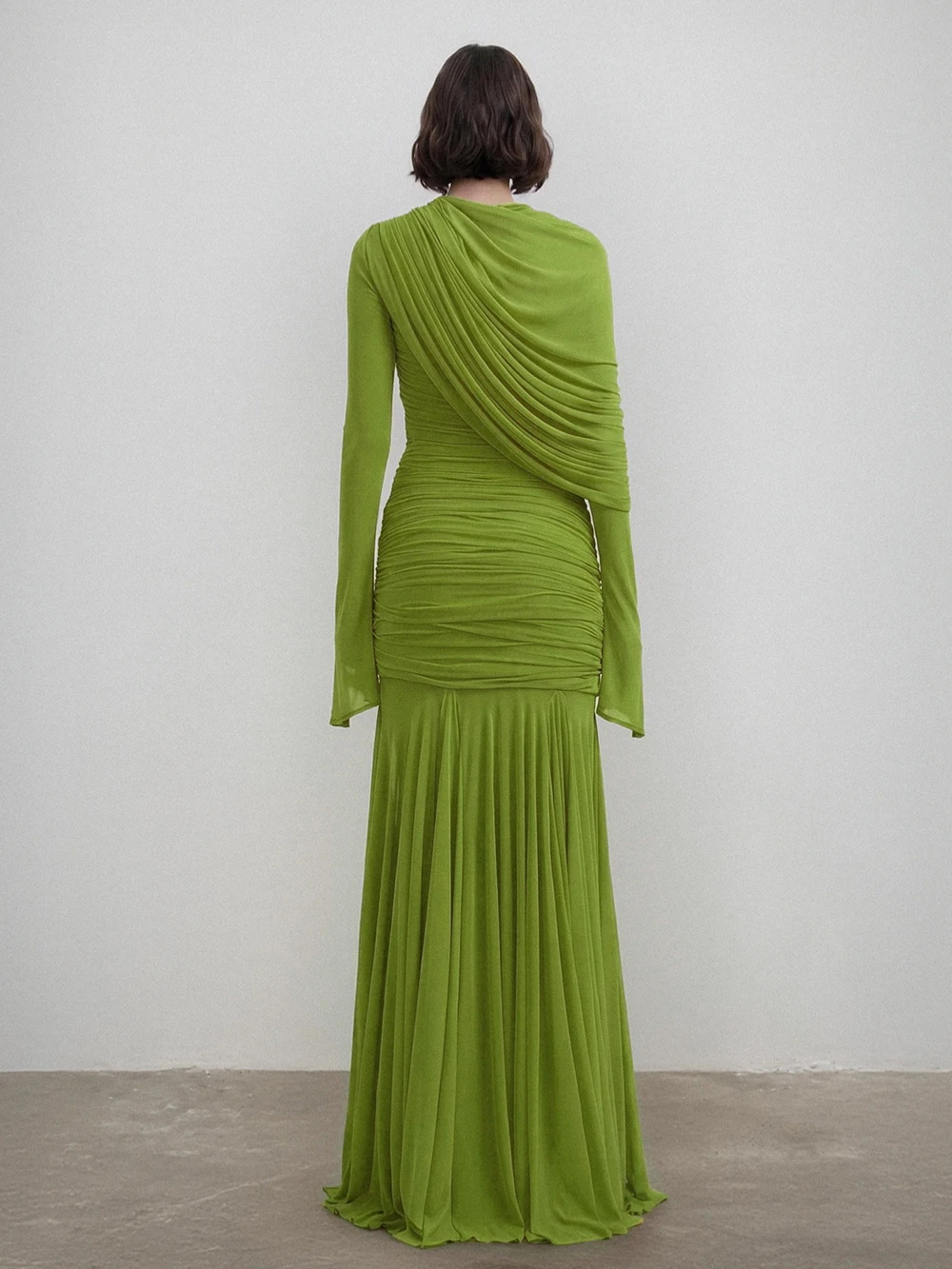Modphy Spliced Folds Shawl Design Temperament Dresses for Women O Neck Long Sleeves Patchwork mermaid Dress Female Clothing