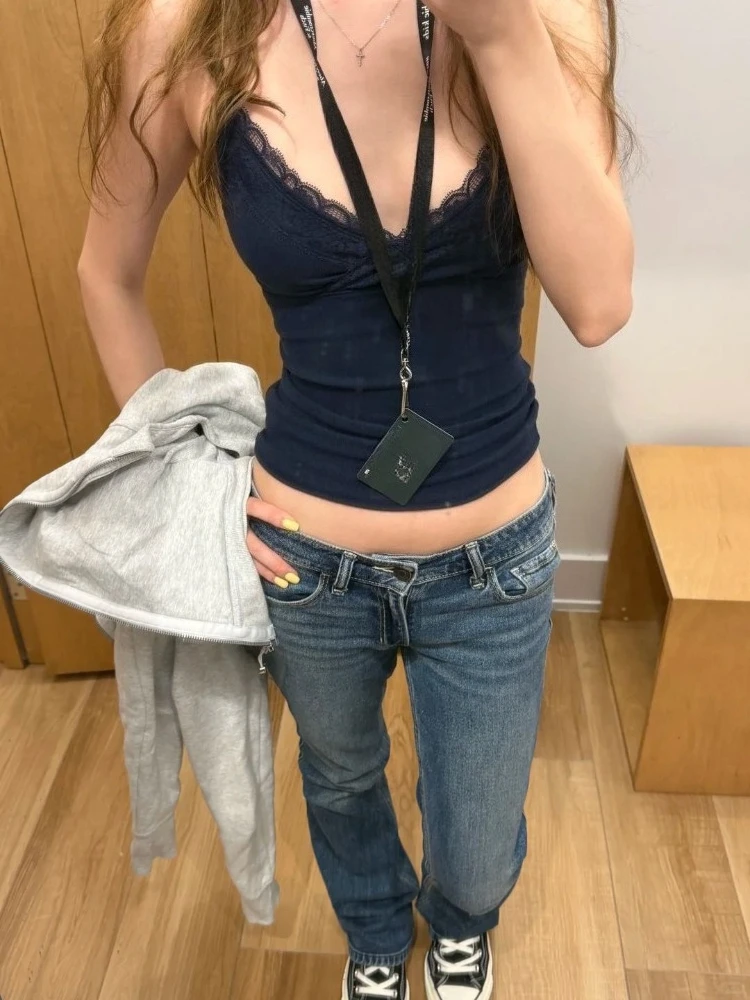 Korean Women's Pure and Sexy Girl Camis Y2k Lace Patchwork Low Cut V-neck Slim Camisole Tank Top Ins Chic Casual Top Summer 2026