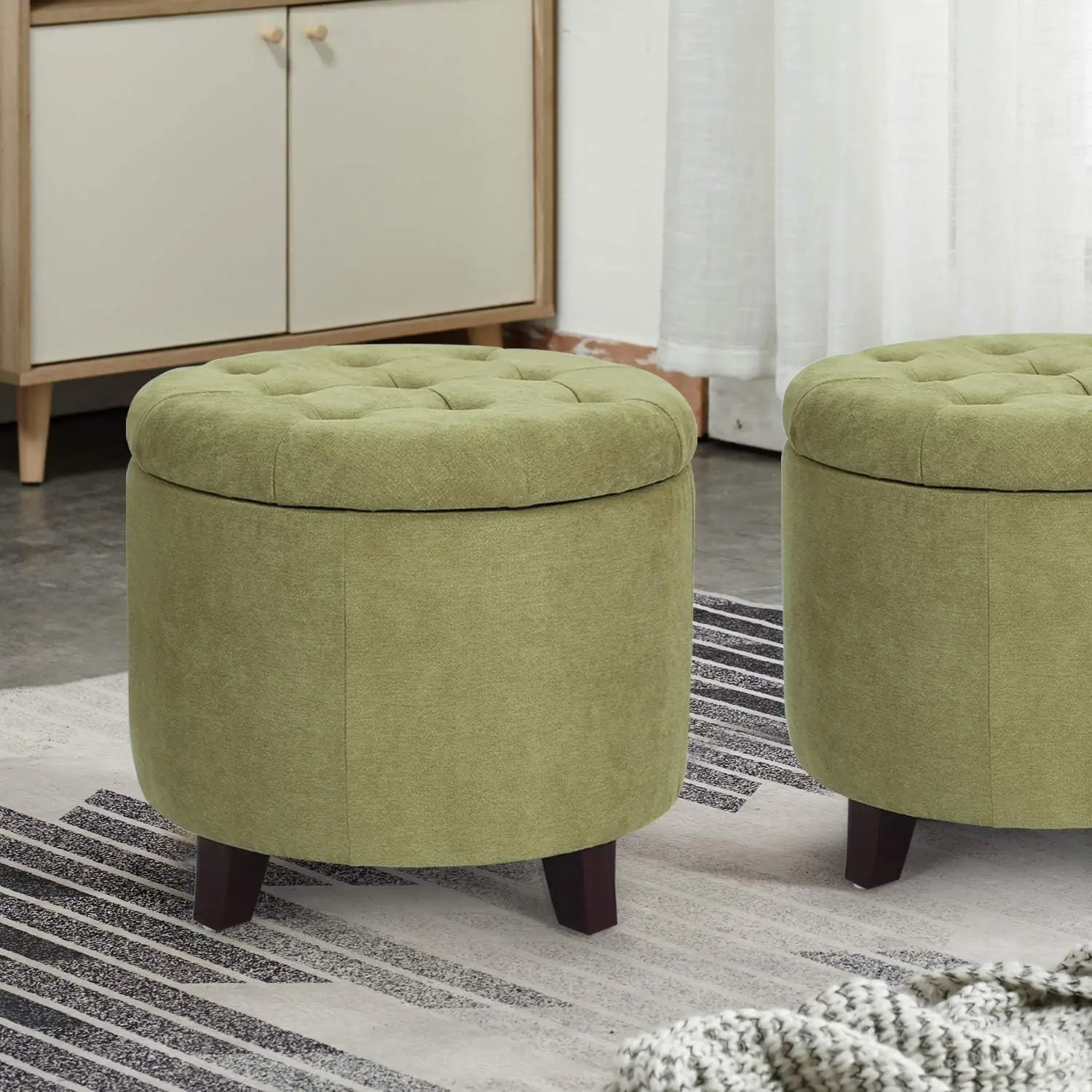 Fabric Cushion Round Button Tufted Lift Top Footstool, Height 17 Inches Storage Bench Ottoman, Strudy, Kiwi