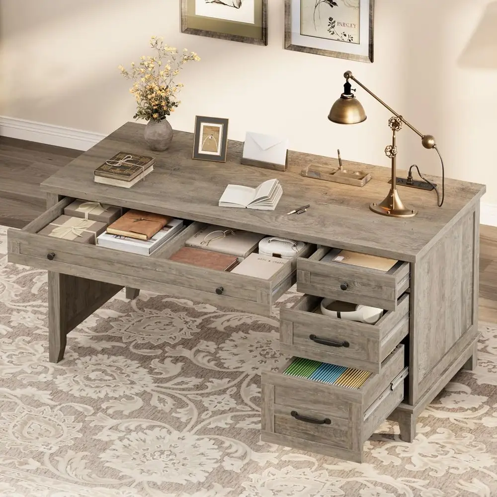 

53.5 Office Desk with Power and USB Ports, Adjustable File Cabinet & Storage Drawers
