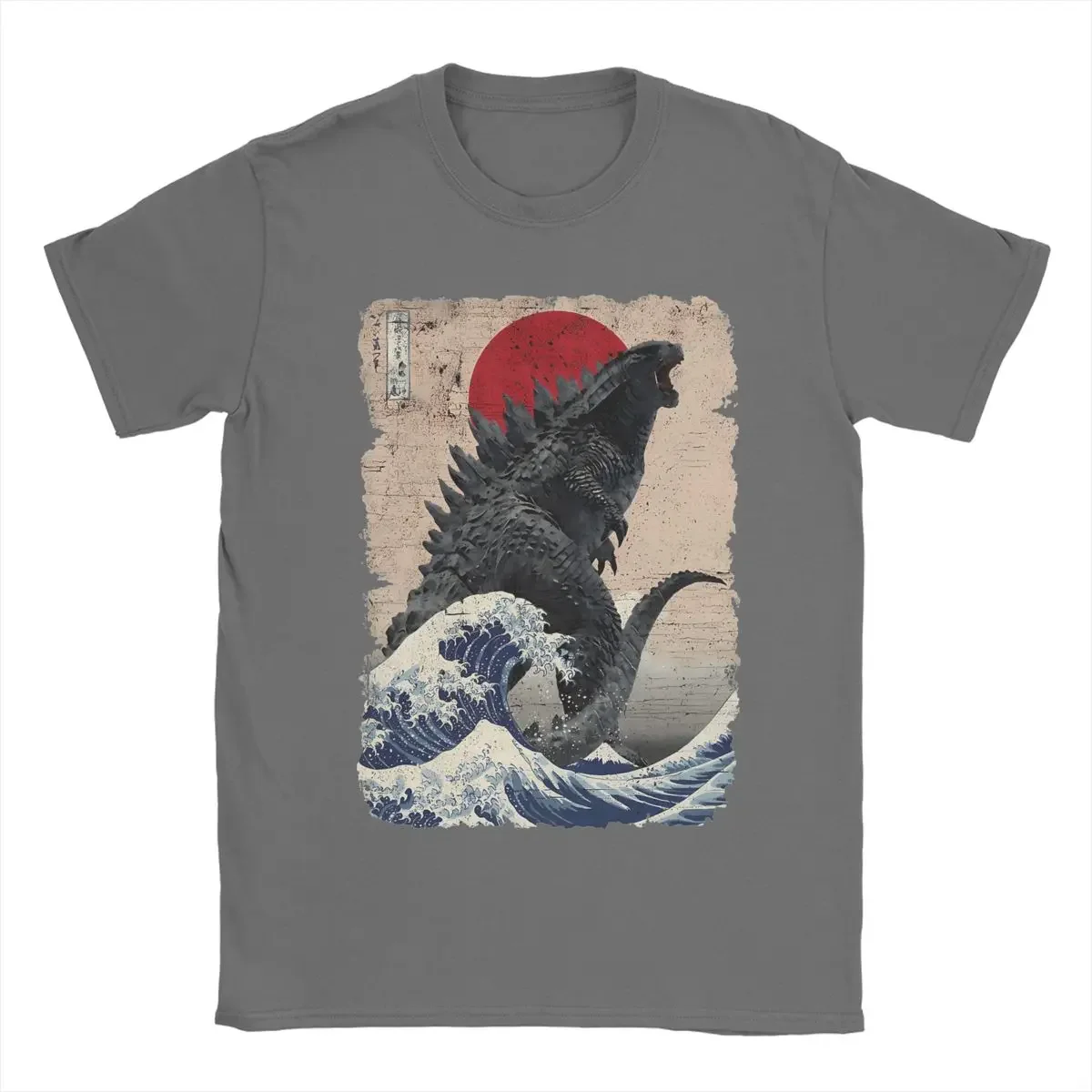 Men Crew Neck Pure Cotton T Shirts Short Sleeve Tees  Unique Japanese Godzillaed Great Wave T-Shirt  4XL 5XL Clothes tshirt