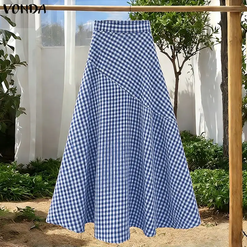 VONDA Elegant Plaid High-Waist Skirt