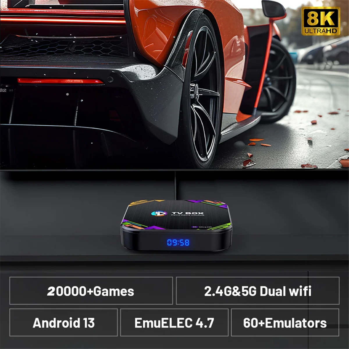 AT42 Android 13 TVボックス スーパーコンソールX8 レトロビデオゲームコンソール 20000種類のビデオゲーム内蔵 /PS1/DC/N64/MAME対応 8K出力 イギリス仕様