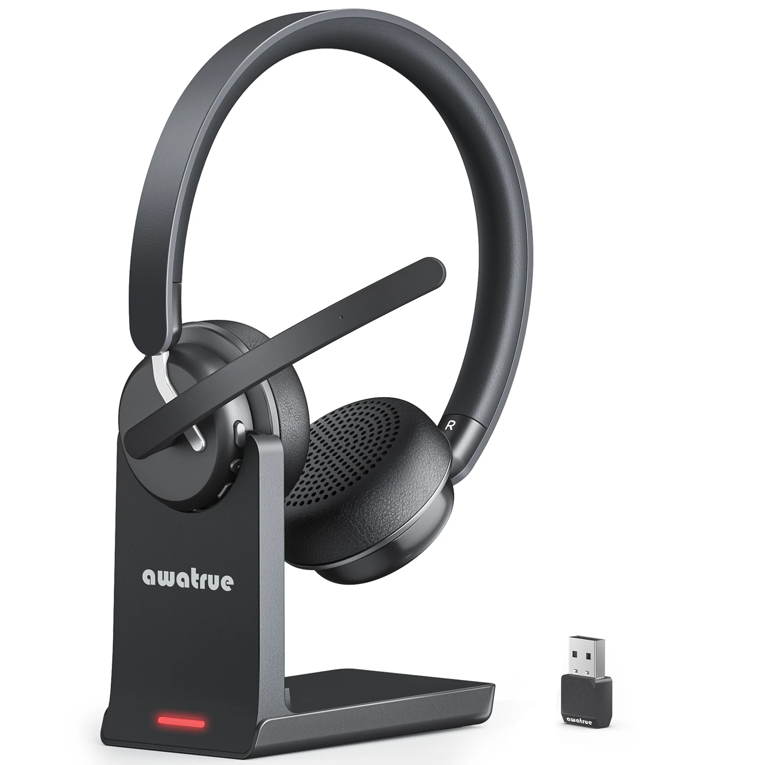 Awatrue draadloze headset Bluetooth-headset met AI-microfoon met ruisonderdrukking en oplaadbasis 2,4GHz-hoofdtelefoon met USB-dongle