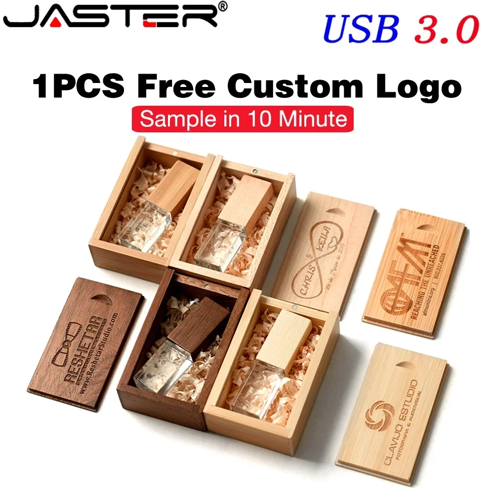 

Crystal High Speed USB 3.0 Flash Drive 128GB Push Pull Wooden Box Free Custom Logo Pen Drive Creative Wedding Gift Memory Stick