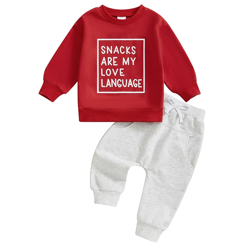 Baby Boy Fall Clothes Valentines Day Outfits Snacks Are My Love Language Sweatshirt Top Joggers Pants Set 0-2T 3T