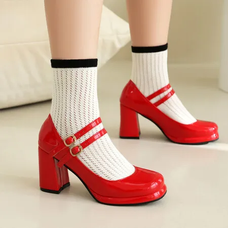 New Candy Color Lolita Mary Jane Shoes Women High Heels Sweet Ruffles Dress Party Wedding Pumps Bridal Princess Big Size 43