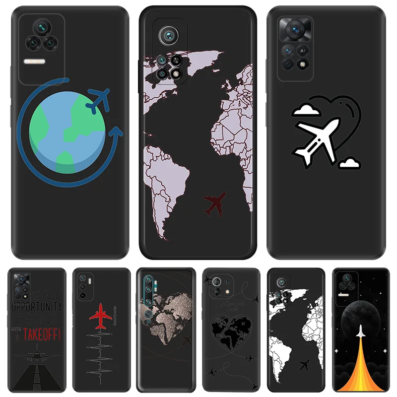 Phone Case for Redmi Note 11 Pro A1 A2 A3 K40 K50 K60 Xiaomi Mi 11T Lite 14 CC9 C61 Airplane World Map Soft Black Silicone Cover