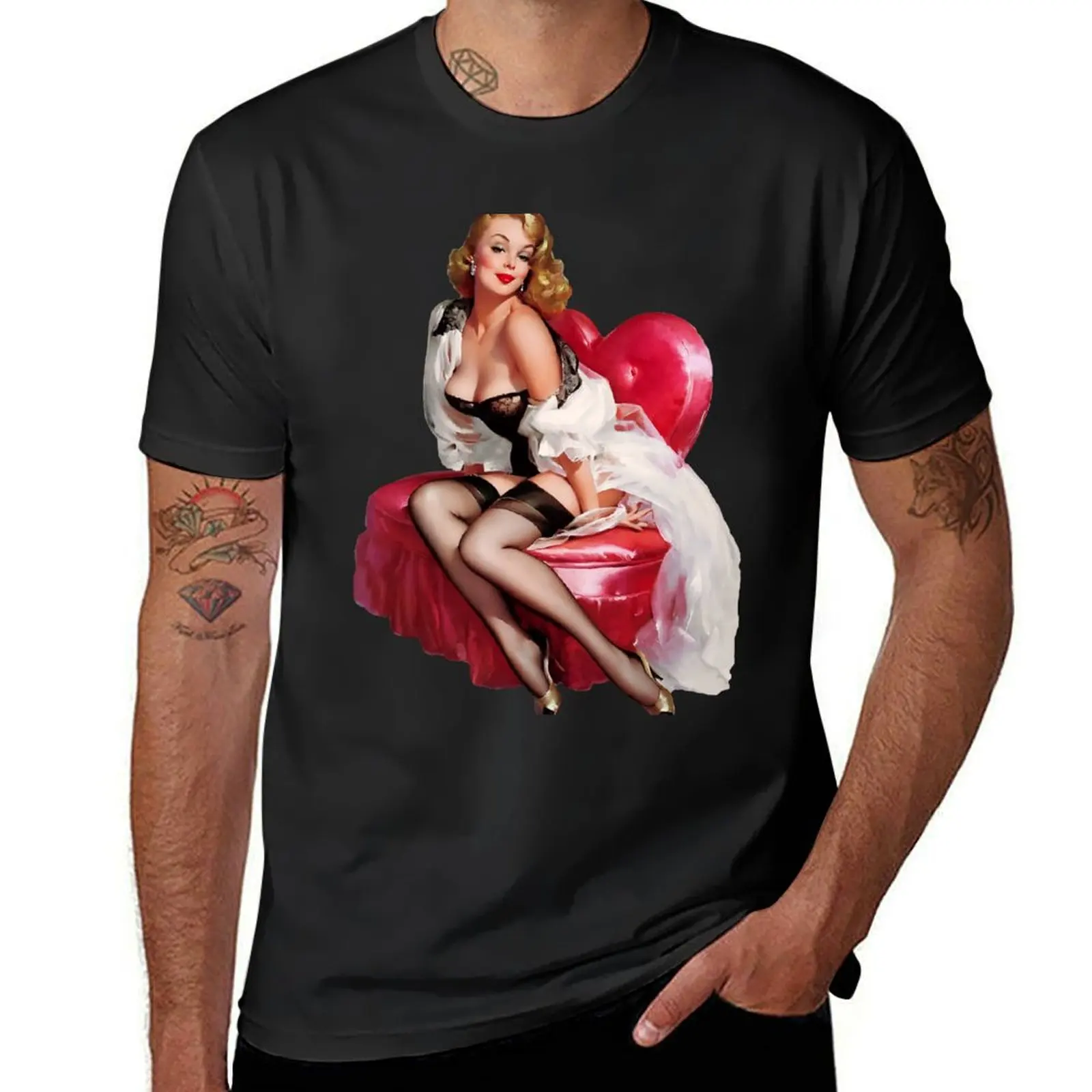 My Heart Shaped Loveseat by Gil Elvgren Remastered Vintage Art Xzendor7 Reproductions T-Shirt oversizeds sublime mens clothing