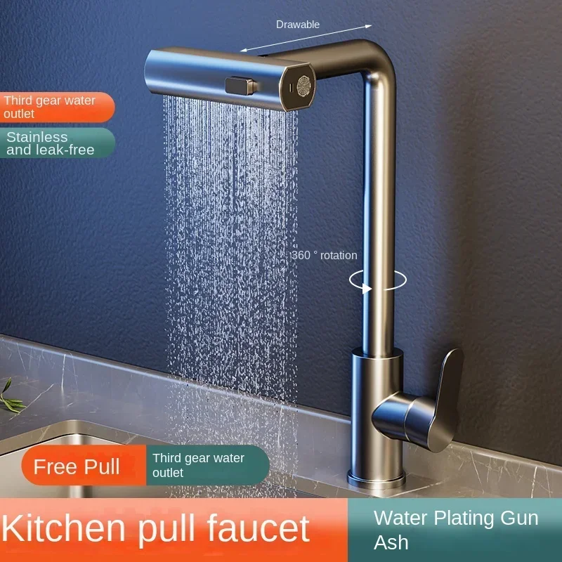 Stainless Steel Kitchen Faucets, 3-Mode Handle Pull, Deck Mounted Waterfall Stream Sprayer, Sink Tap, Cold and Hot Mixer