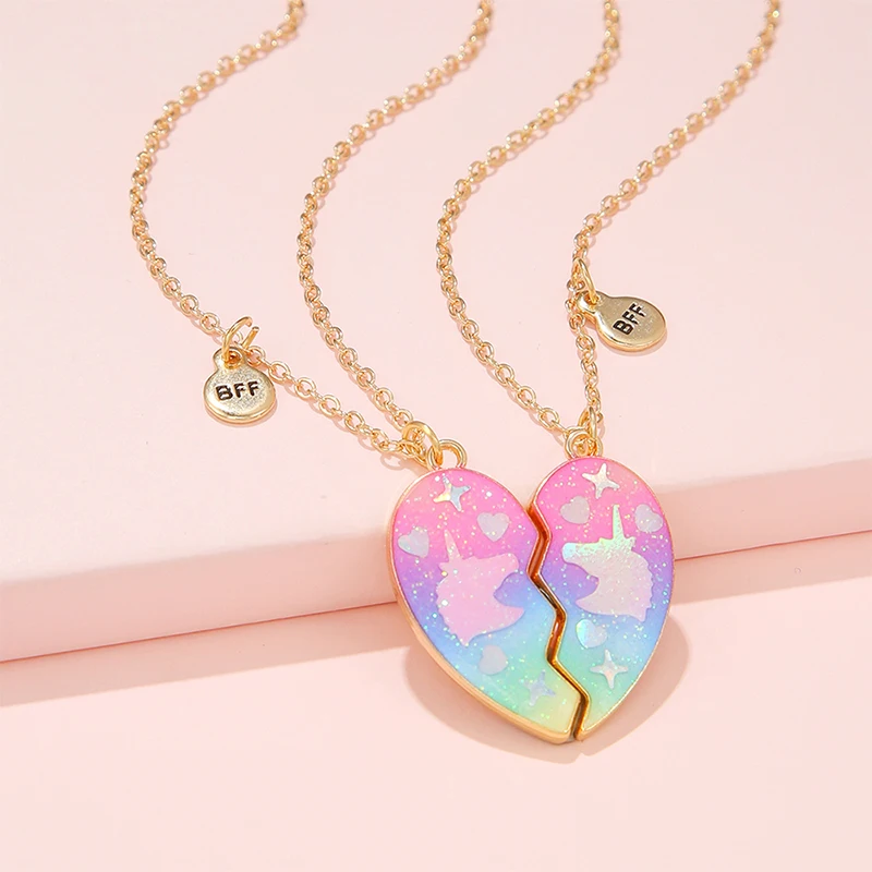 2Pcs/set Unicorn Pattern Glitter Heart Pendant Best Friends BFF Friendship Magnetic Necklace for Girls Jewelry Gift