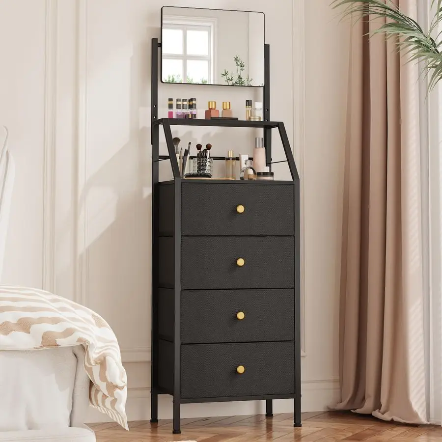 

with Mirror, 4 Drawers Dresser with 2Tier Shelves, Freestanding Fabric Chest of Drawers for Small Space, Tall Narrow Nightstand