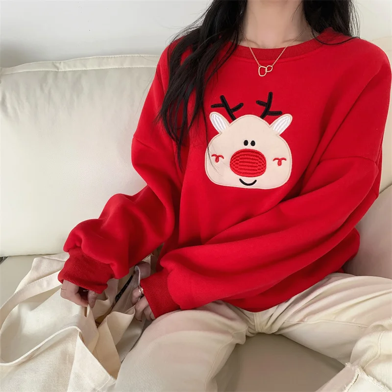 Christmas Sweatshirt Women Deer Pattern Simple Solid O-Neck Padded Warm Tops Fall Winter Loose Lazy Cute Pullover