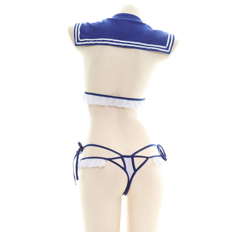 Japanese Cosplay Bow Blue Sailor Suit Bikin Swimsuit School Student Swimwear Uniform Temptation Lingerie