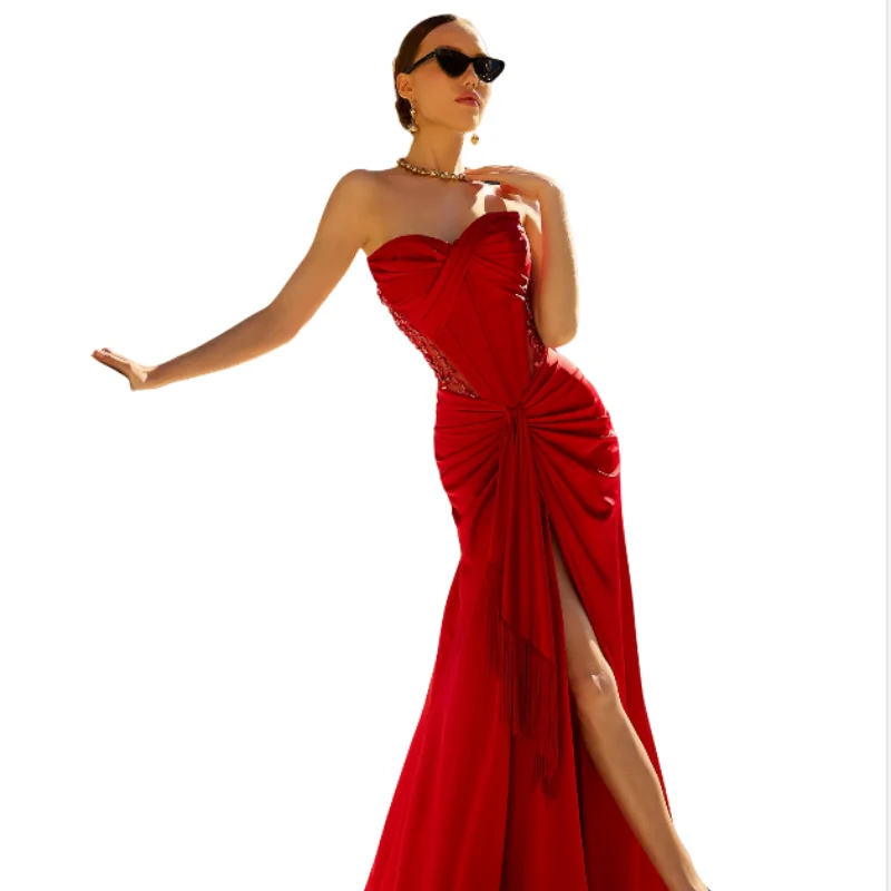 Red Sexy Long Evening Dress Handmade Beaded Strapless Satin High Slit Tiered Ball Gown Pleated Saudi Arabia Party Dress