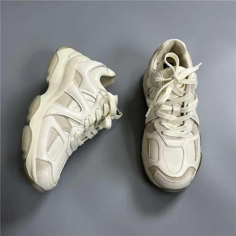 Mrxmus Dutit 2024 New Genuine Leather Sports Shoes Comfortable Thick Soled Height Increasing Small White Shoes Retro Dad Shoes