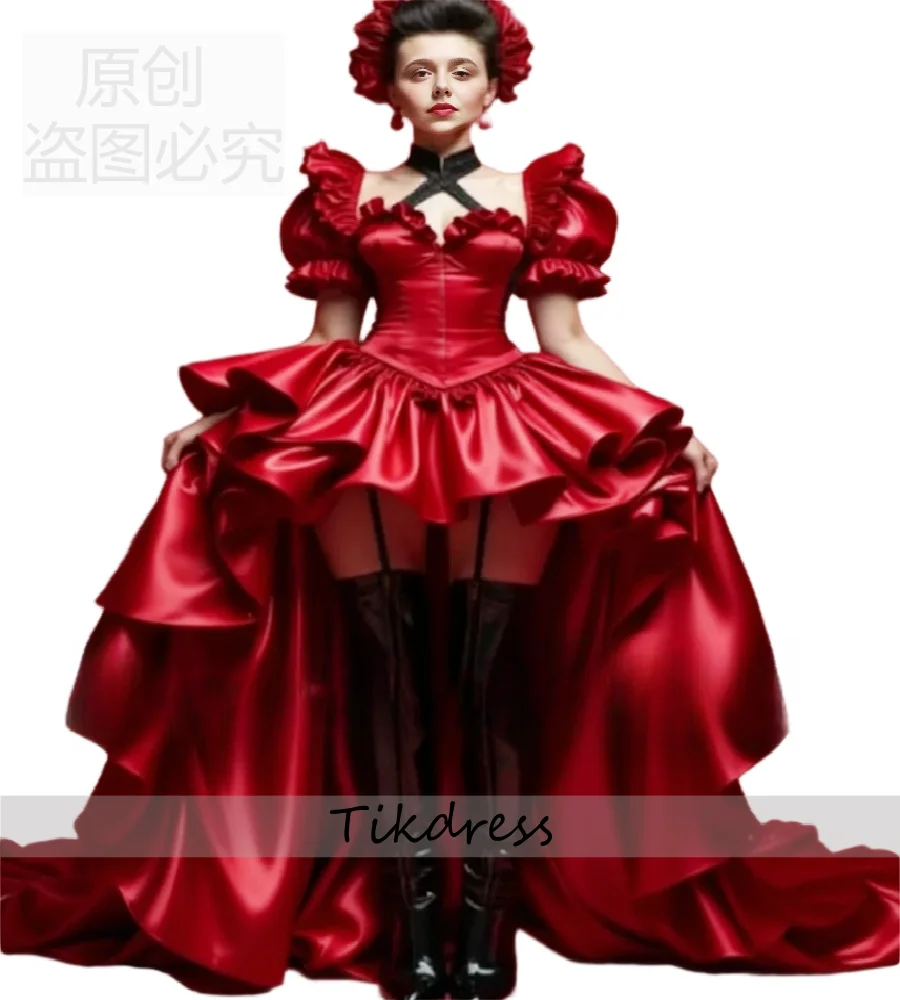 فستان سهرة أنيق من عصر النهضة الأحمر بأكمام منتفخة فستان مرحبا منخفض للحفلات الراقصة 2026 فستان رائع من الساتان مناسبة رسمية لأعياد الميلاد