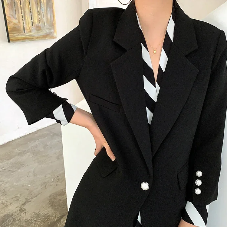 Women Blazer 2024 Elegant Black Stripe Patchwork One Button Niche Fashion Casual Fake Two Piece Suit Jacket Female Outwear Coat