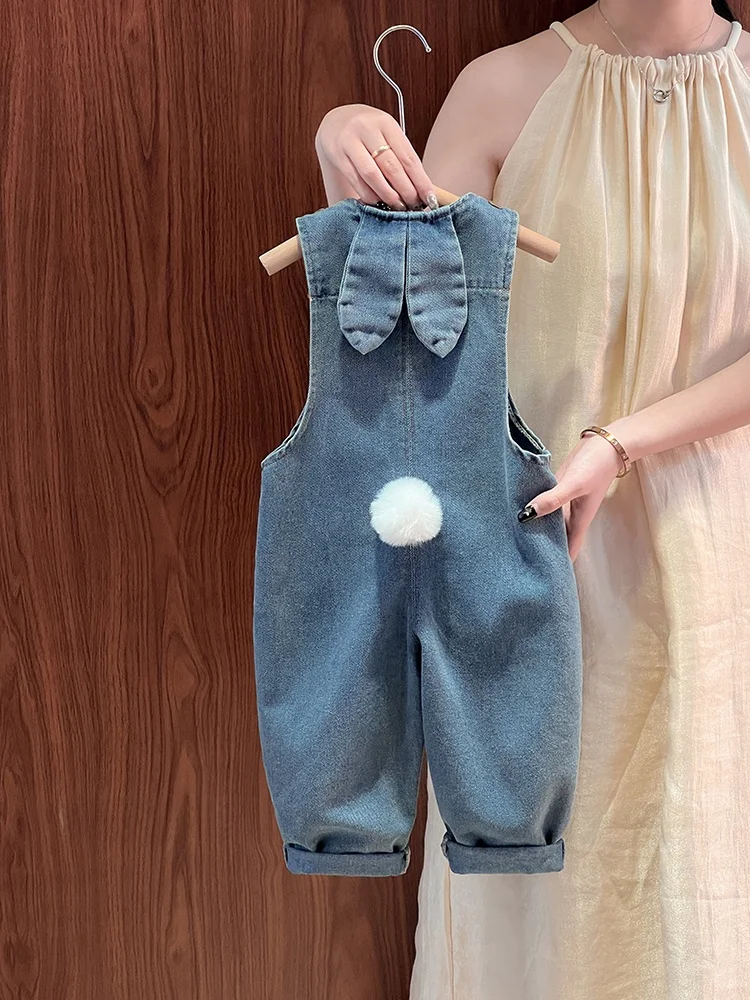 

Детские джинсовые комбинезоны весна-осень 2026: Новинка с ушками кролика, повседневные длинные брюки, модные, для прогулок, свободные, широкие штанины, хлопок
