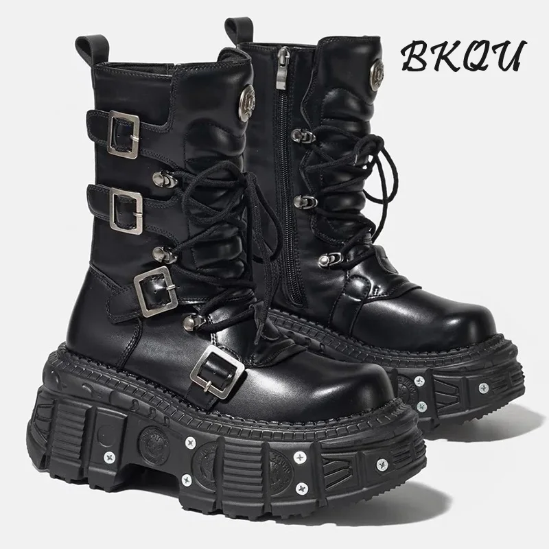 

BKQU Dark Punk Metal Tank Thick Sole Lace-up Mid-calf Boots Women's New Metal Decorative Knight Boots for Fall/Winter 2024