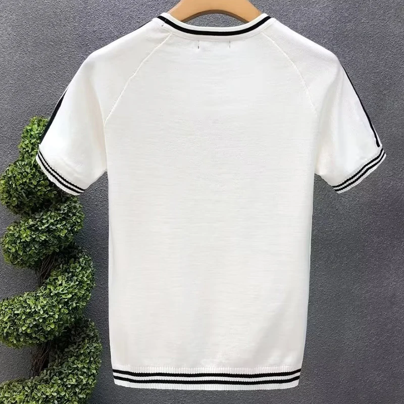 Irregular Lines Herren-Strick-T-Shirt, Sommer, Schwarz, Weiß, Kontrastfarbe, Rundhalsausschnitt, kurze Ärmel, atmungsaktives Strick-T-Shirt – Detail 7