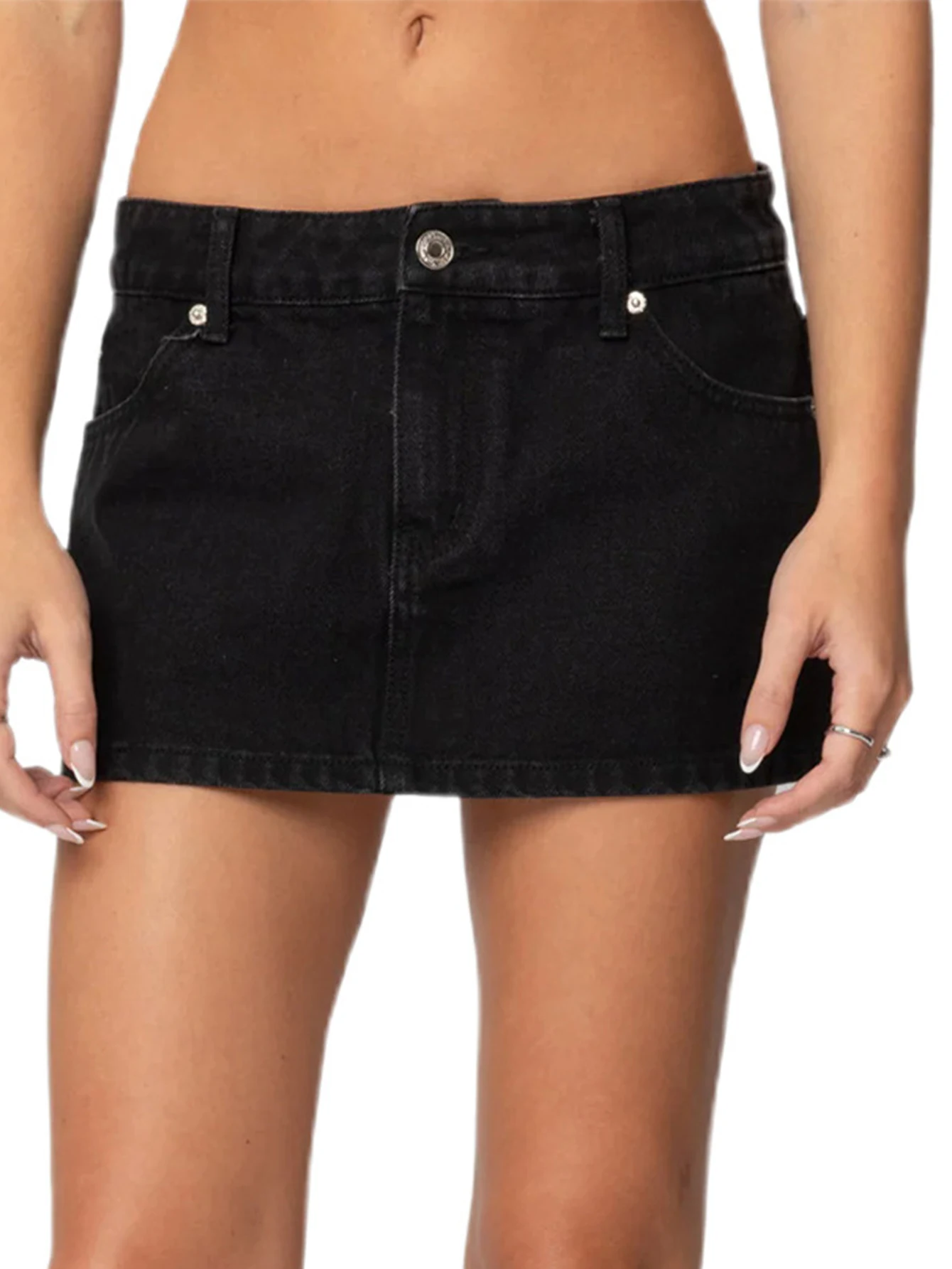 Sexy schwarzer Jeans-Minirock für Damen, Sommer-Jeansröcke für Damen, modisch, lässig, Streetwear-Kleidung, niedrige Taille, kurzer Mikrorock