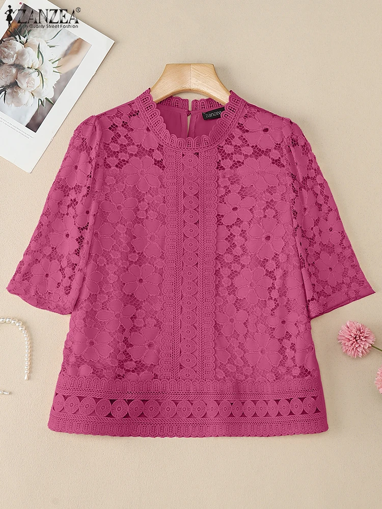 

ZANZEA Summer Fashion Openwork Lace Blouses Women Elegant Chic Hollow Out Lace Patchwork Short Sleeve Blusas Mujer Solid Tops