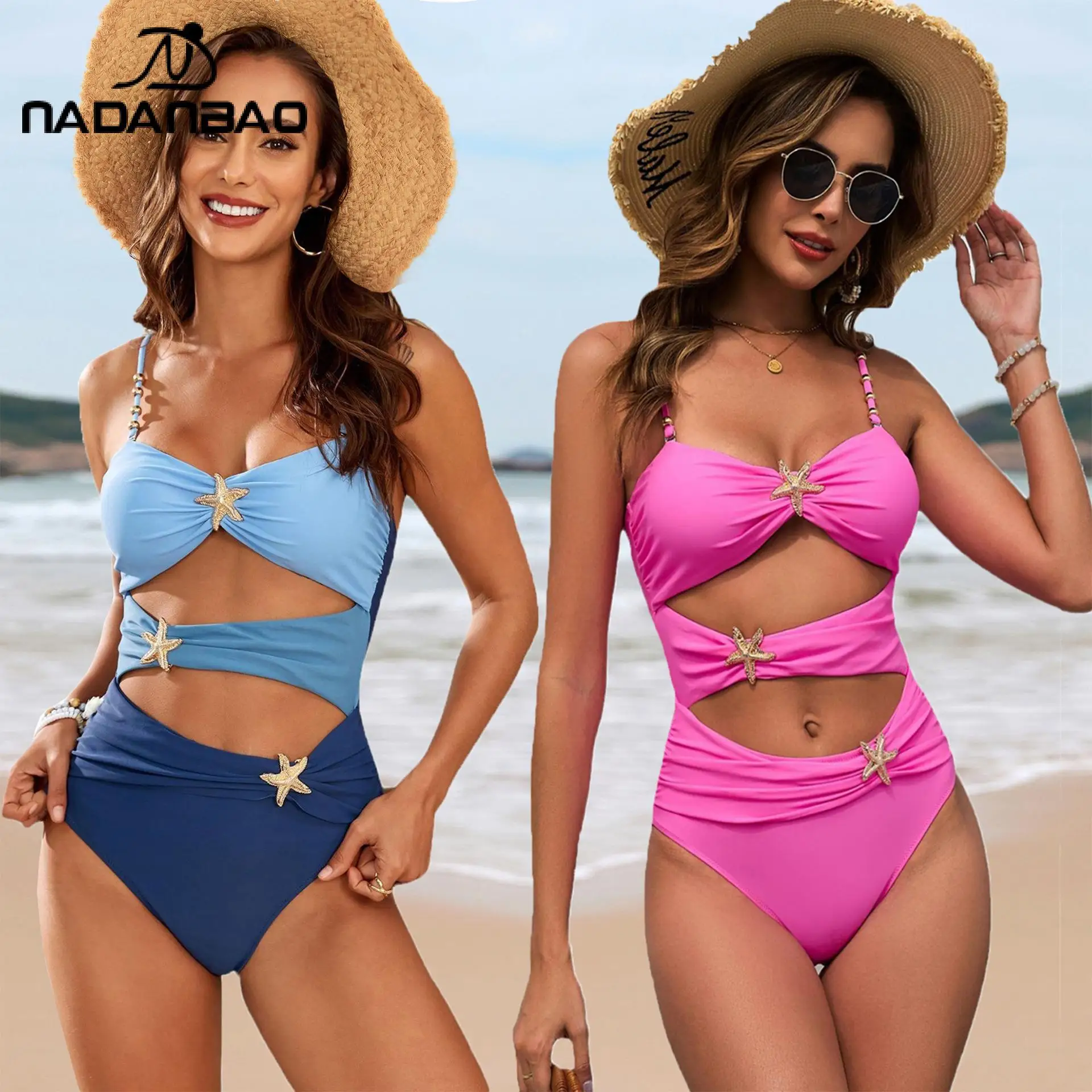 

Nadanbao Pink Blue Bikini for Women Metal Buckle Beaded Swimwear Sexy String Neck One-Piece Swimsuit Holiday Party Beachwear