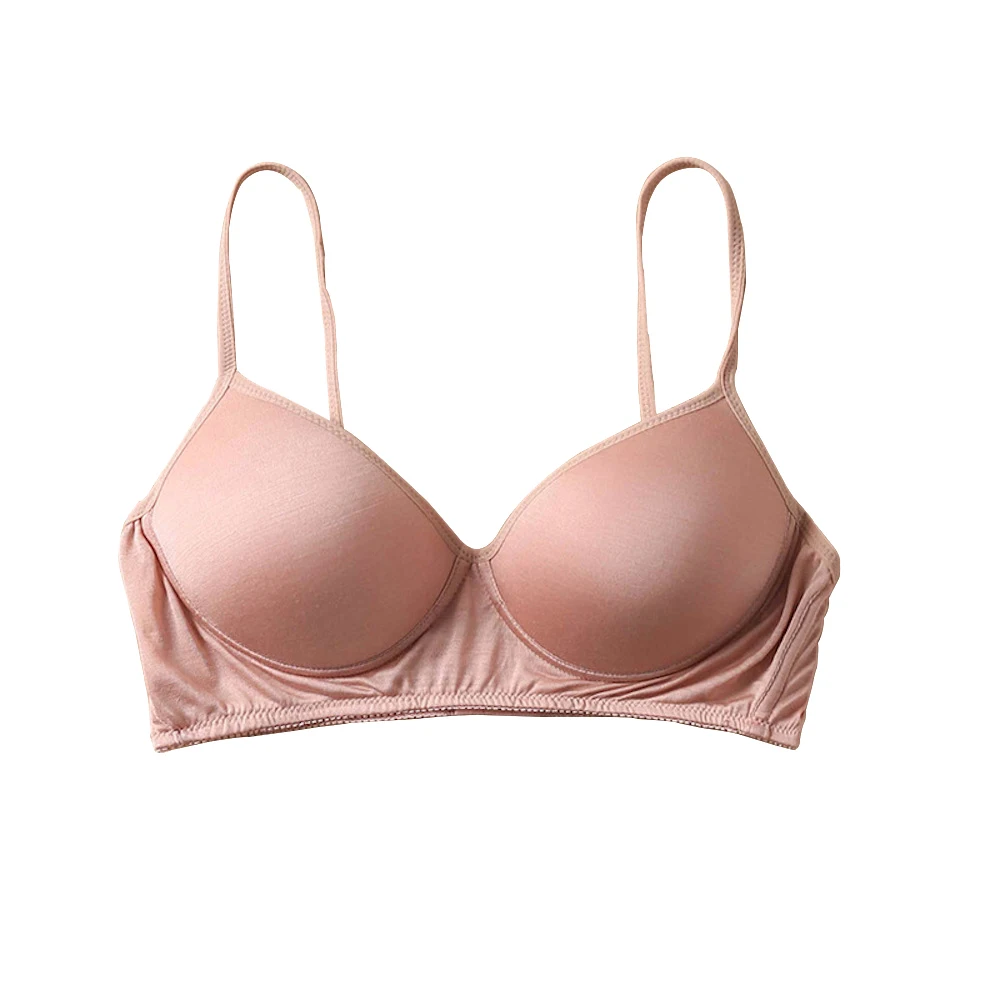 CISULI 100% Pure Silk Knitted Bra Women AB Cup Wireless Soft Girl Bra Anti-allergy Breathable Pale Pink Color