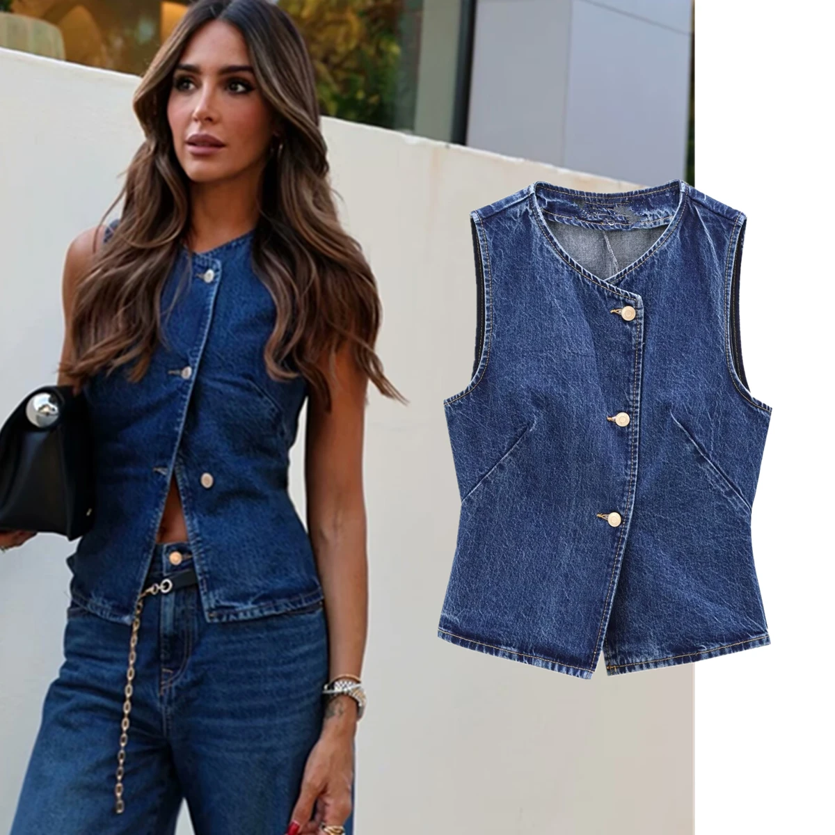 Withered  Minimalist Basic Blue Denim Vest Women Tank Tops Single Breasted Vintage Vest