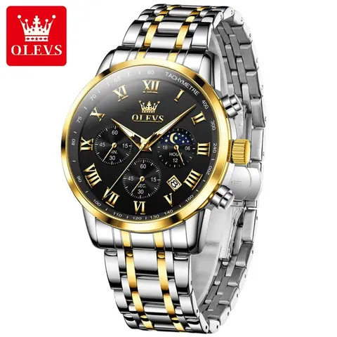 OLEVS 5529 Top Luxury Brand Men's Watch Waterproof Luminous Stainless Steel Lunar Phase Timing Code Watch New Quartz Men's Watch
