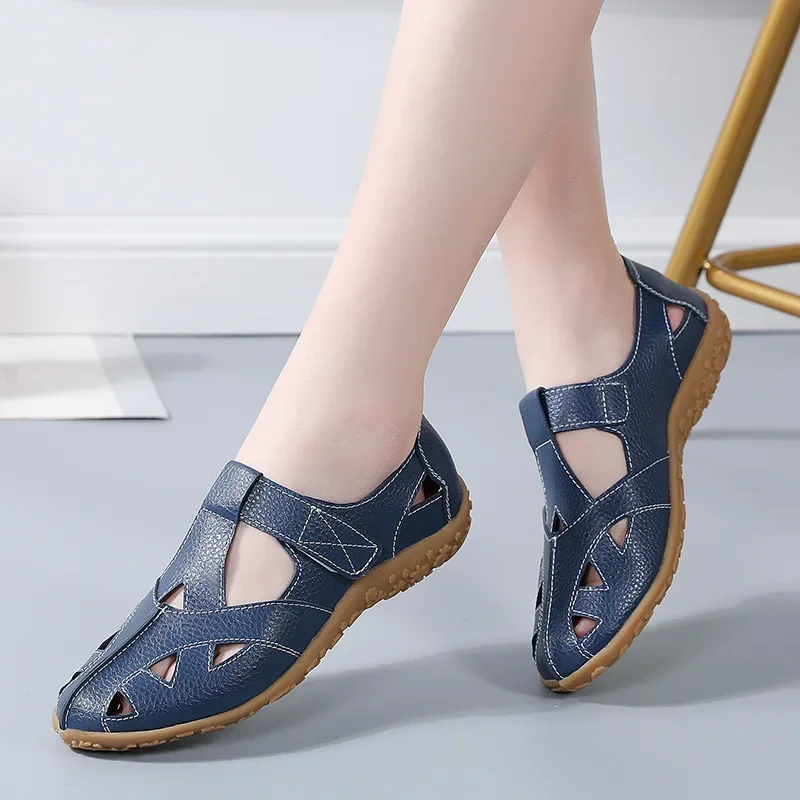 Summer Genuine Women\'s Sandals Leather Handmade Ladies Shoe Leather Sandals Women Flats Beach Shoes Retro Mother Shoes