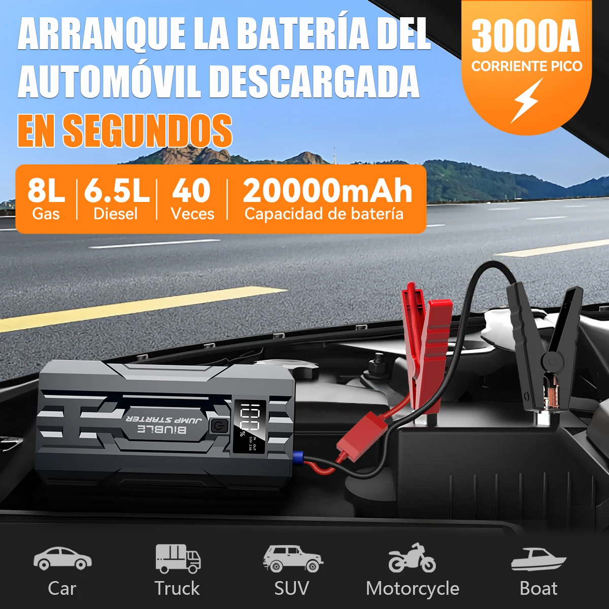 3000A Peak Car Jump Starter, 20000mAh Portable Power Supply, Car Battery Jump Starter, Portable Car Battery Jump Starter, Equipped with Smart Safety Jumper Cable, Includes LED Lighting and Safety Protection Functions