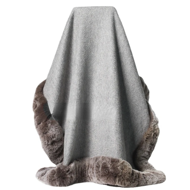 High-End Autumn and Winter Hand-Stitched Rabbit Fur Decorative Fur Thick Water Ripple Cashmere Shawl Scarf