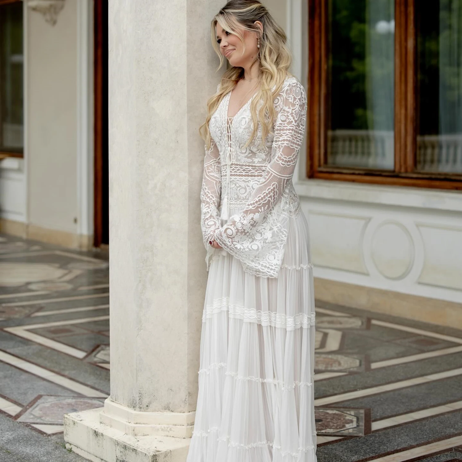 Full Length Tiered Bohemian Wedding Dress Long Sleeves Criss Cross V Neckline Chiffon Closed Back Lace Ruffles Bridal Gowns