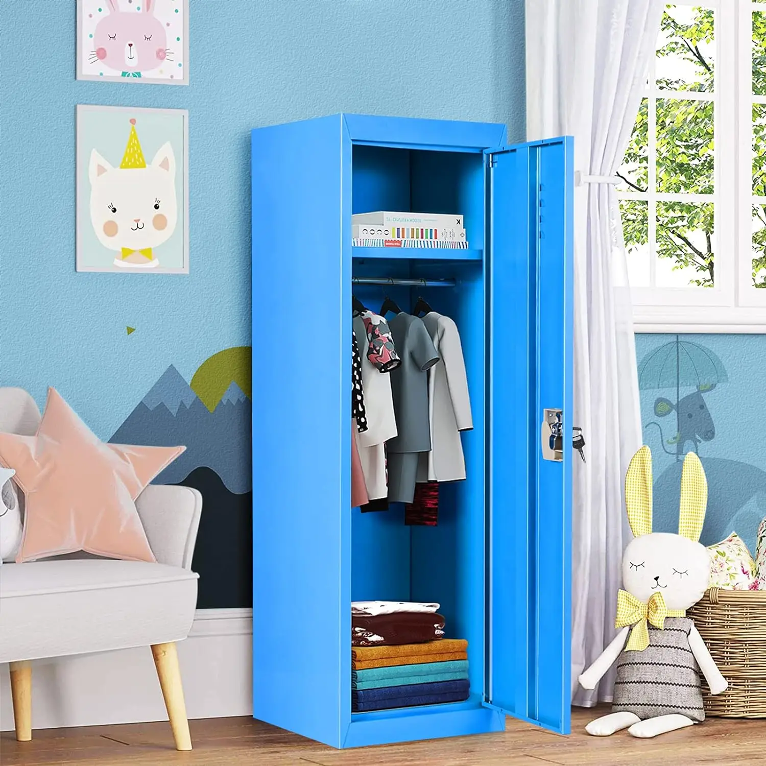 Comfort corner Kids Locker Cabinet, Daycare Metal Coat Locker w/Hanging Rod & Shelf for Kids Room Bedroom School,2-Tier Storage