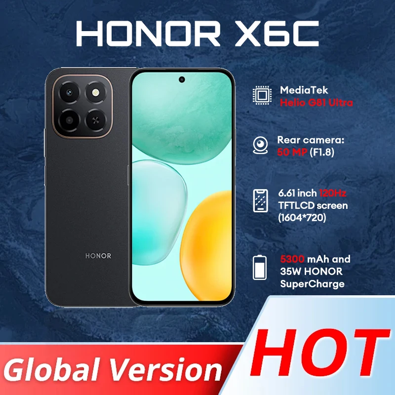 الإصدار العالمي للهاتف الذكي Honor X6C 5G Mediatek Helio G81 Ultra 6.61 بوصة شاشة LCD بطارية 5300 مللي أمبير في الساعة 35 وات سلكية