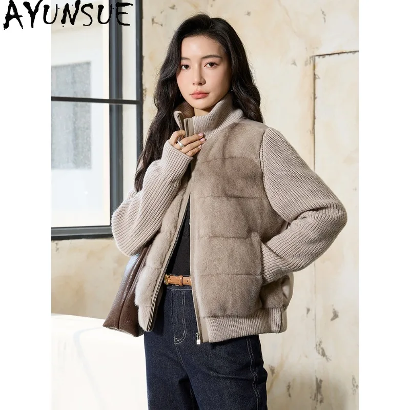 AYUNSUE Real Female Mink Fur Coat Women Stand Winter Clothes 30% Wool 70% Cashmere Knit Womens Coats 90%white Goose Down Filler