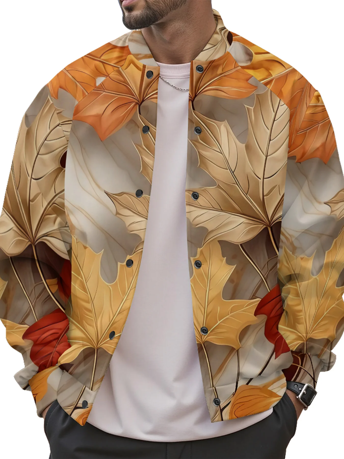 

Осенняя куртка на пуговицах с принтом кленового листа и воротником-стойкой, модная осенняя верхняя одежда для женщин и мужчин, кардиган, модная корейская уличная мода