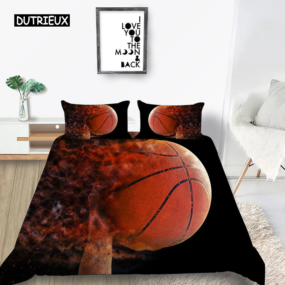 Basketball Duvet Cover Set Polyester Hand Catching Fire Basketball Sports Themed Bedding Set Queen Size Soft 2/3pcs Quilt Cover