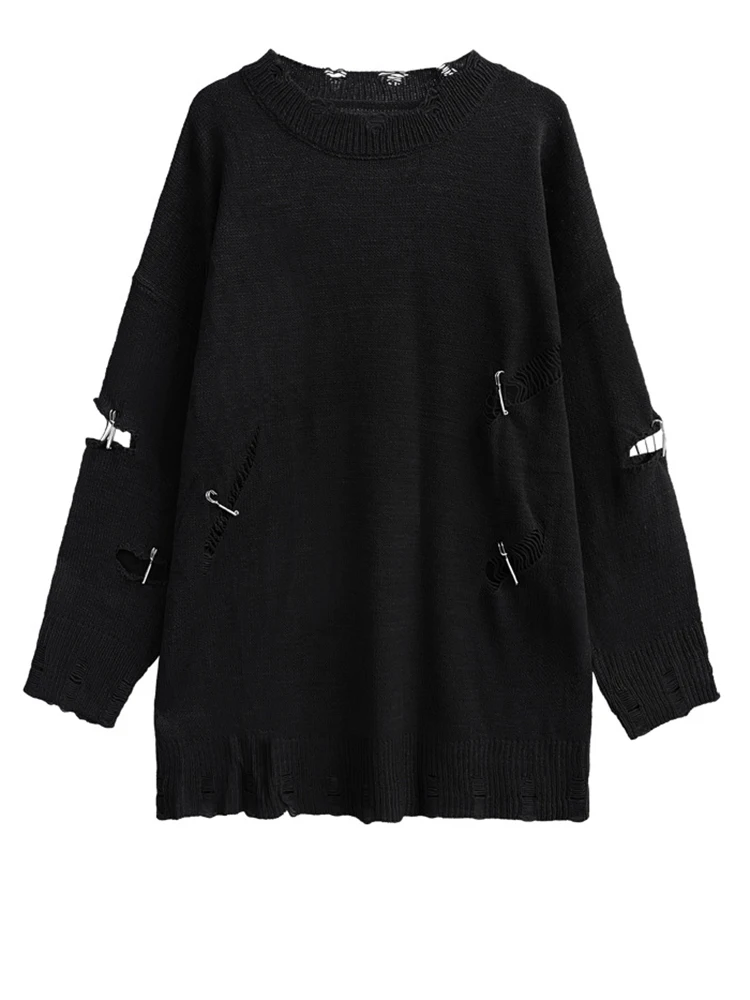 [EAM] Black Big Size Holes Knitting Sweater Round Neck Long Sleeve Women Pullovers New Fashion Tide Spring Autumn 2024 1DH7977