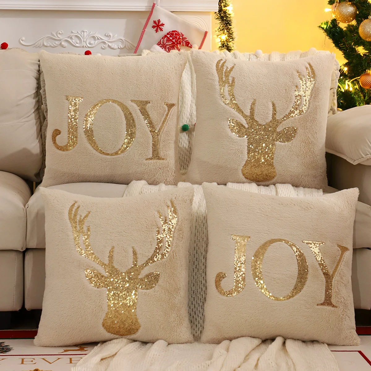 1 PC Gold Sequin Christmas Deer Throw Pillow Cover Winter Plush Embroidery Christmas Decoration Living Room