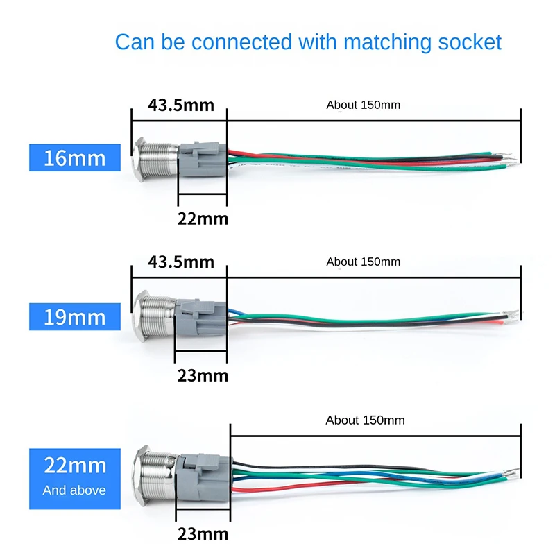 12/16/19/22mm Metal Push Button Switch Flat Round Power Control LED Light Self-lock Reset Momentary 6V 24V 220V Waterproof IP65