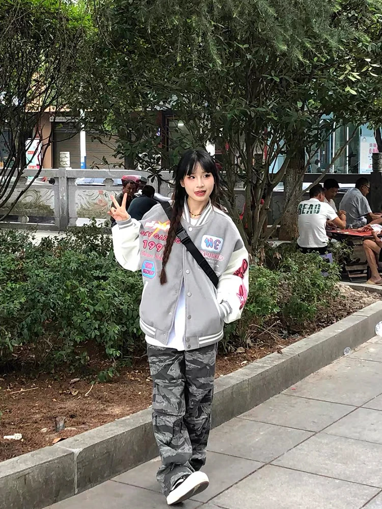 

Бейсбольные куртки оверсайз женские зимние в стиле тай-дай, уличная одежда, стеганые, женственные, минималистичные, с отложным воротником, свободного кроя, в стиле K-pop