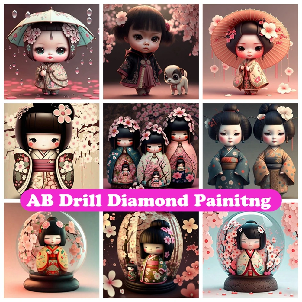 

Cute Japanese Kimono Doll 5D DIY AB Diamond Painting Mosaic Cartoon Cross Stitch Embroidery Handmade Rhinestones Home Decor Gift