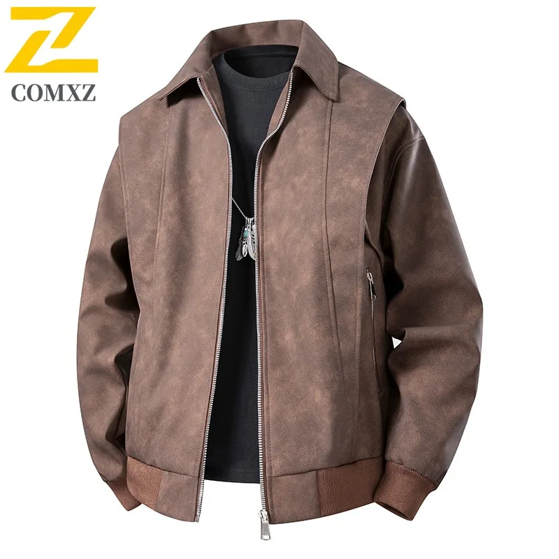 

COMXZ Мужская кожаная куртка 2025 г., повседневная куртка с воротником-стойкой, износостойкое пальто для пешего туризма и путешествий, износостойкая осенняя одежда для скалолазания