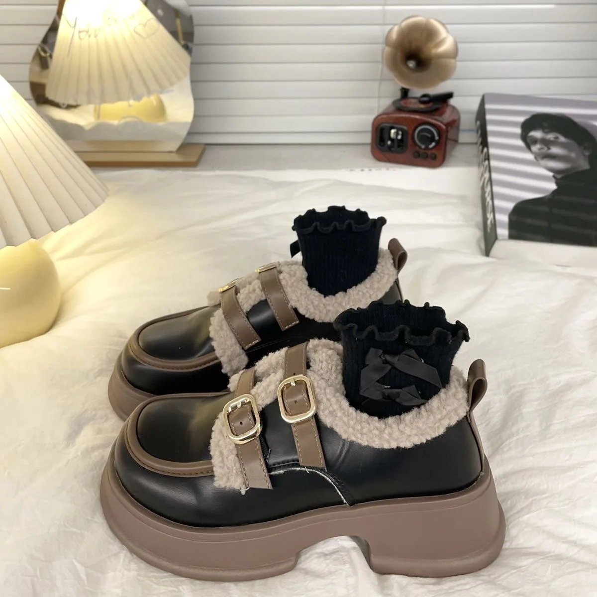 

Женские кожаные туфли на толстой подошве с плюшевой подкладкой, теплые зимние новинки в стиле Лолита, японские студенческие туфли JK на платформе для увеличения роста